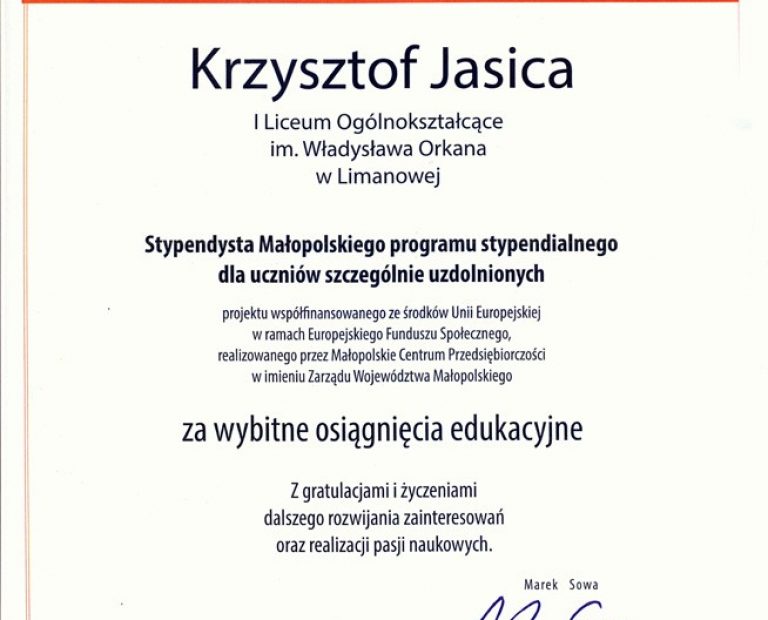 Krzysztof Jasica z kl.1G wśród najlepszych stypendystów programu dla uczniów szczególnie uzdolnionych