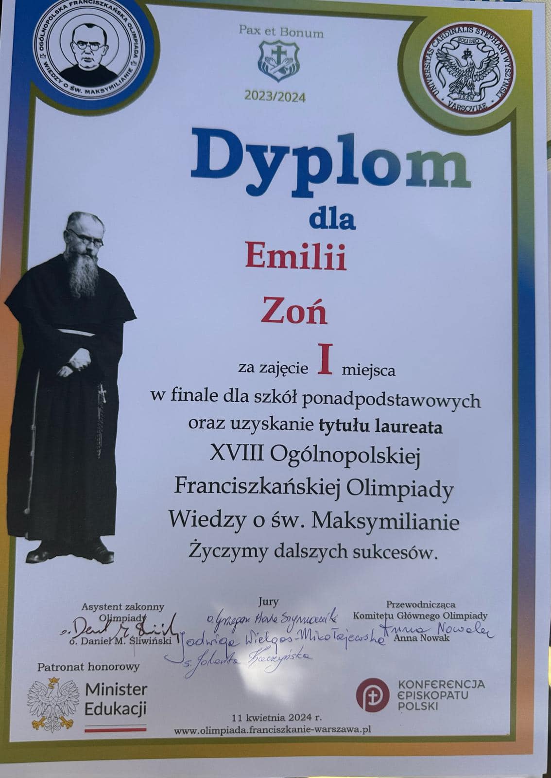 Emilia Zoń zwyciężczynią Ogólnopolskiej Olimpiady Wiedzy o św. Maksymilianie